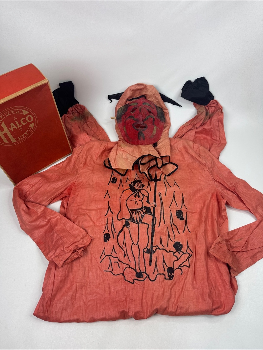 Antique 1920s Halco brand Devil in Hell Halloween Costume outfit mask headpiece